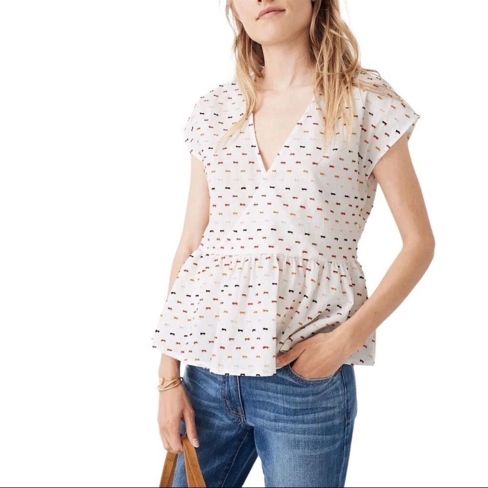 Madewell Peplum Crossover Short Sleeve Top Rainbow Clipdot Women’s XS ivory